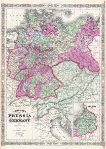 La Prussia e gli stati tedeschi a seguito della vittoria contro l'Austria, in una mappa del 1866 / Prussia and German states after the victory against Austria, in a map made in 1866