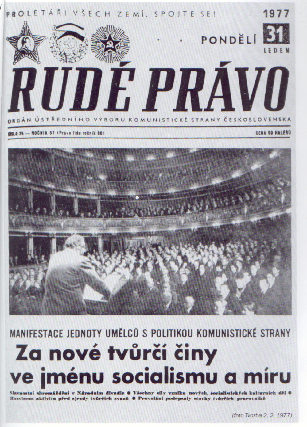 Prima pagina del Rudé Právo del 31 gennaio 1977 sull'eventi Anti-charta /  First page of Rudé Právo on January 31, 1977 on the Anti-Charter event